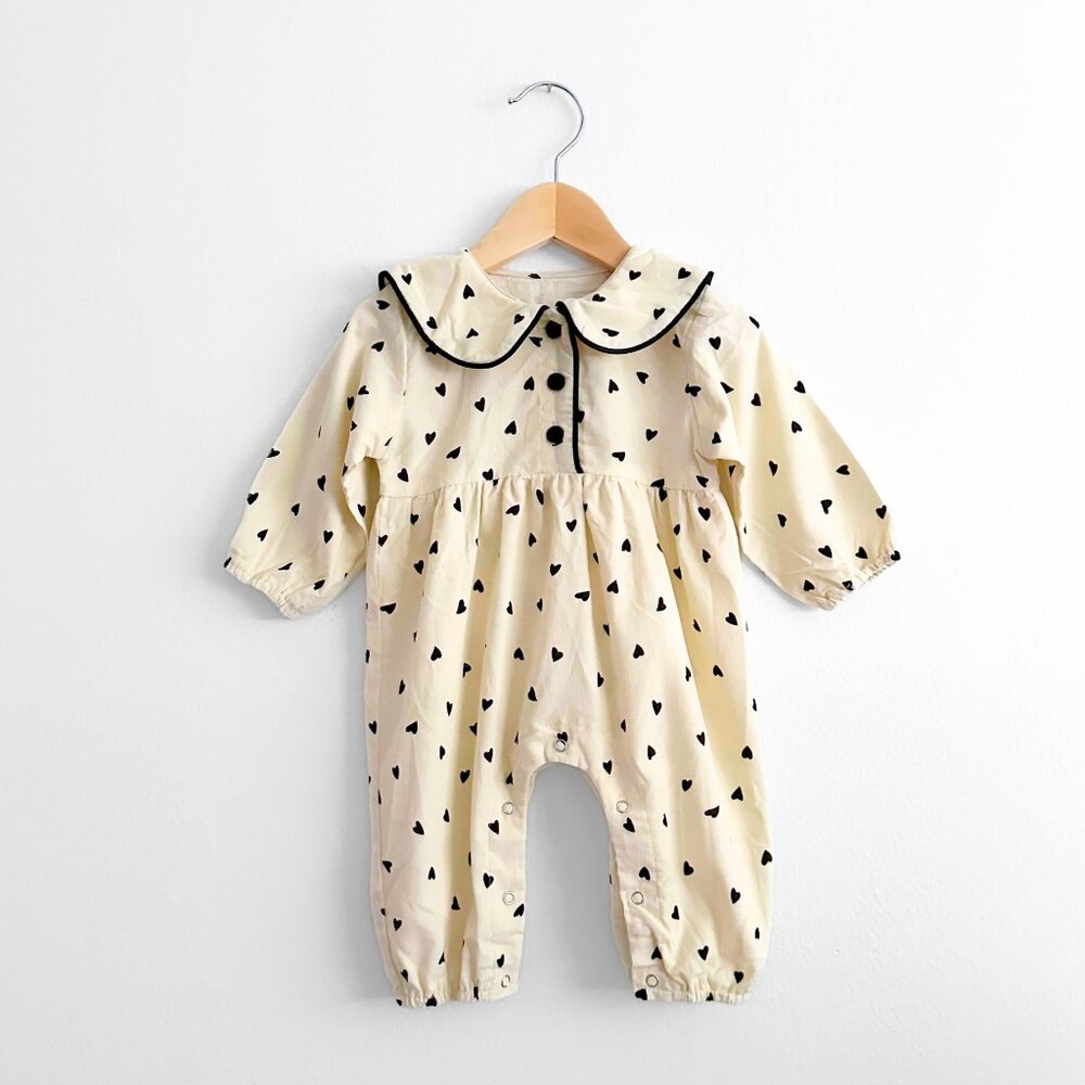 NWT Pretty Girls Long Sleeve One-Piece Romper Corduroy Cream & Black Hearts 3-6M